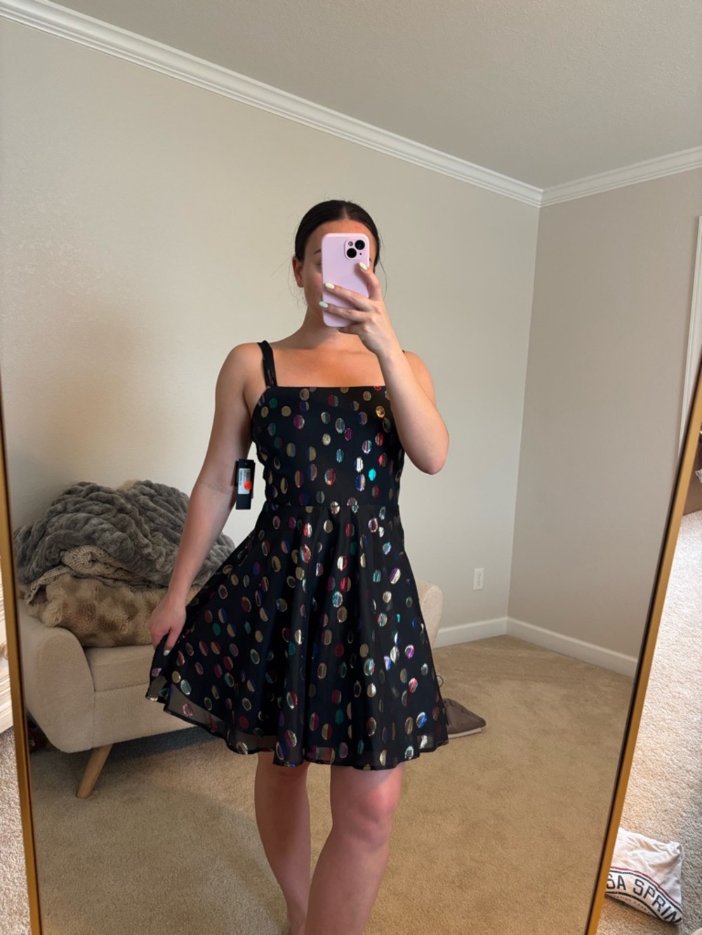 City Studio Black Mini Dress with Metallic Multi-Colored Dots